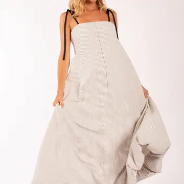 Textured Stripe Bubble Hem Tie Midi Dress