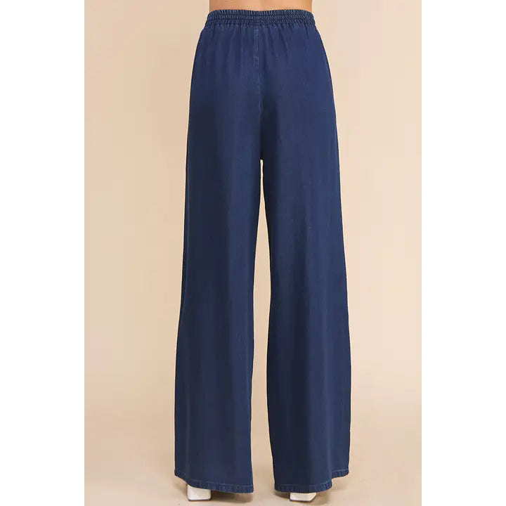 Chambray Denim Tie Waist Wide Leg Pants